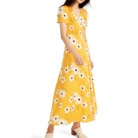 Madewell Midi Dress Yellow White Floral Print Puff Sleeve Wrap Medium - Picture 2 of 9